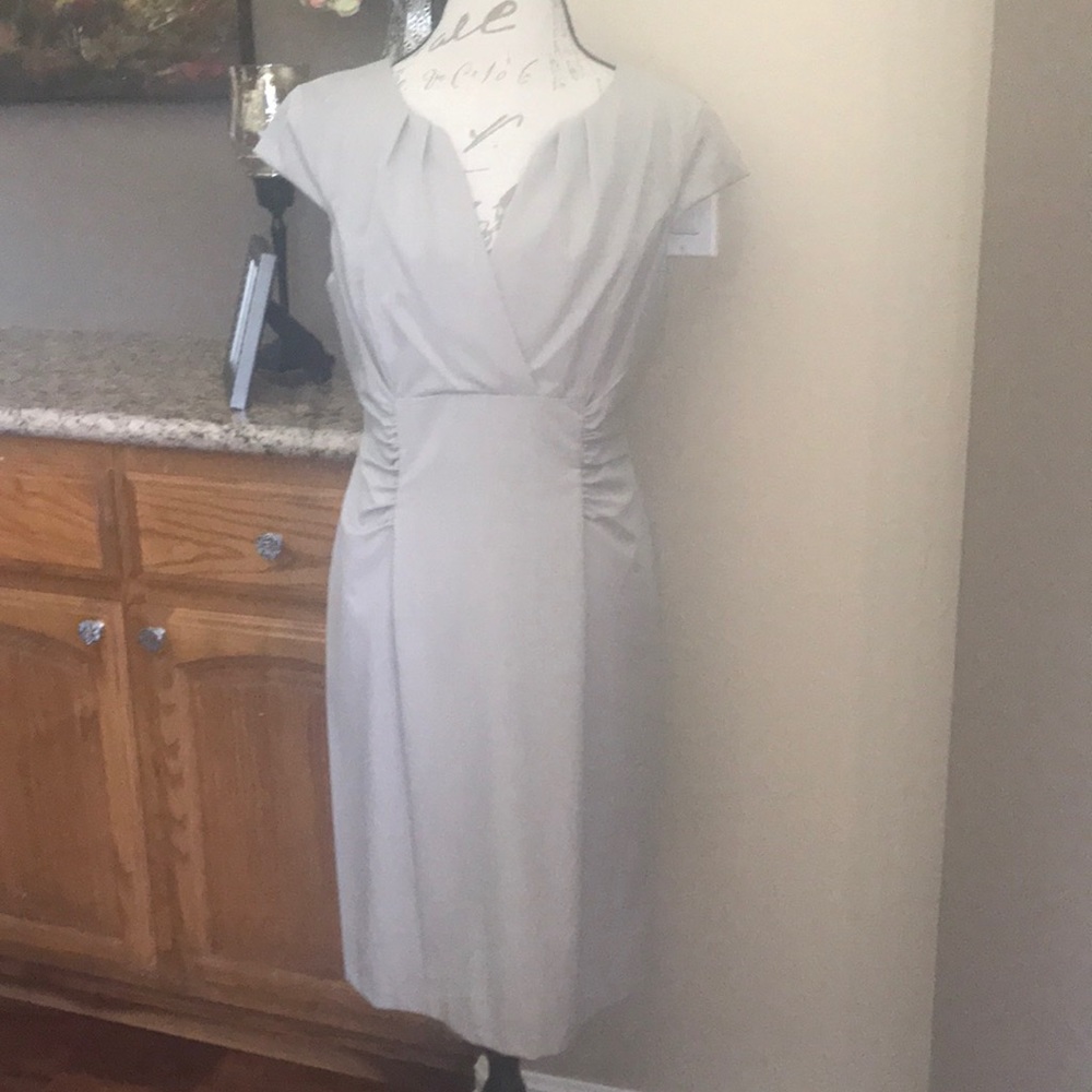 Tan colored  cinched waist V-neck dress